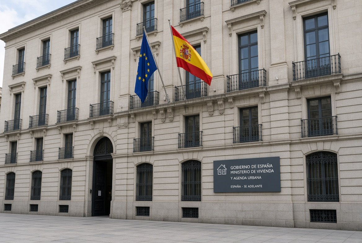 Edificio del Ministerio de Vivienda con banderas de España y UE