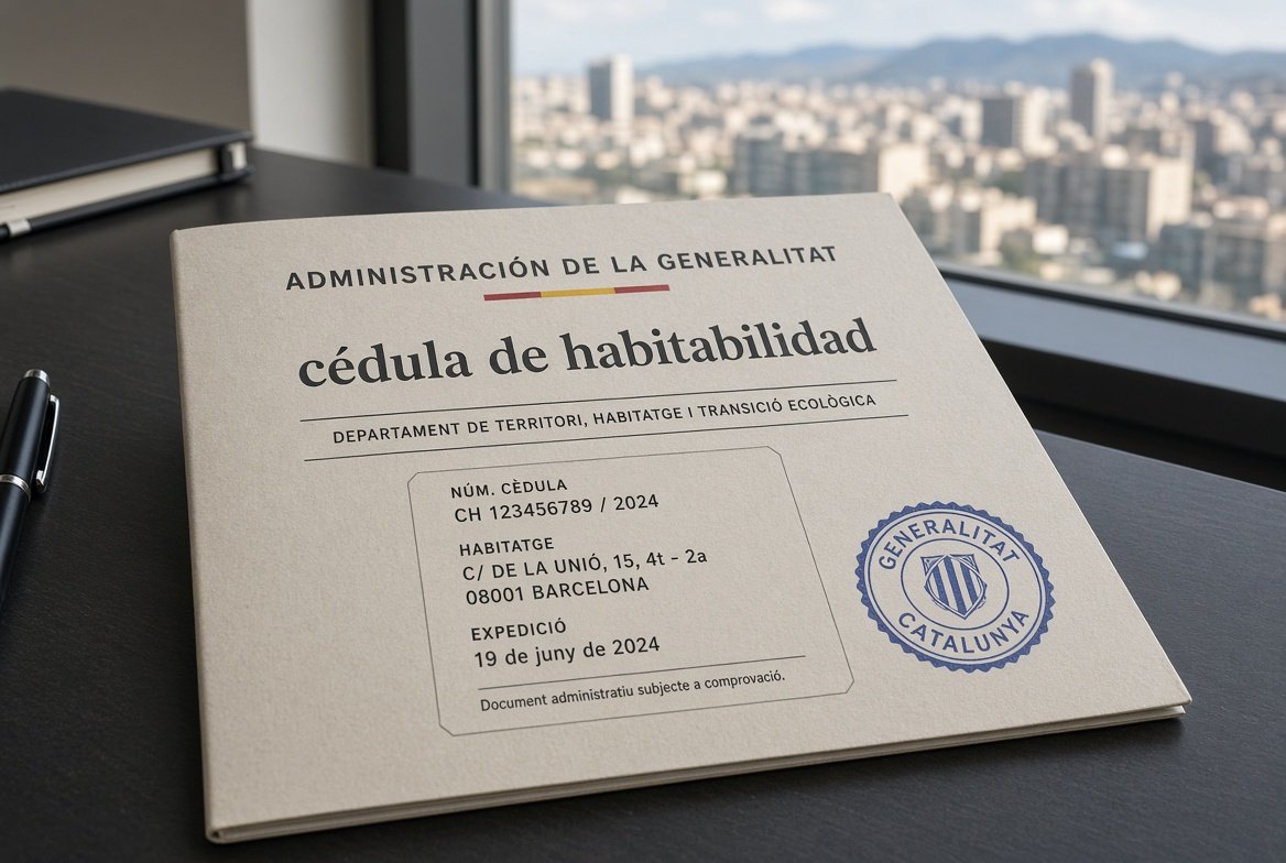 Documento oficial de cédula de habitabilidad sobre un escritorio