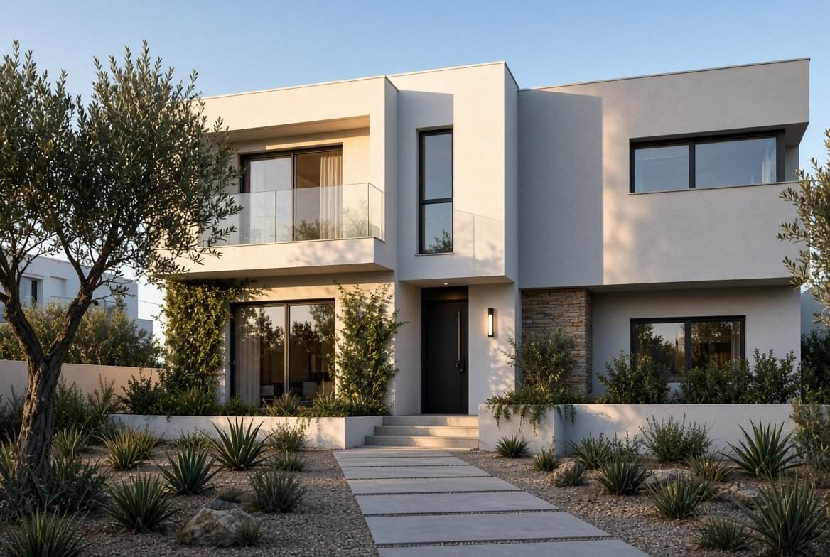 Vivienda moderna unifamiliar con luz de atardecer