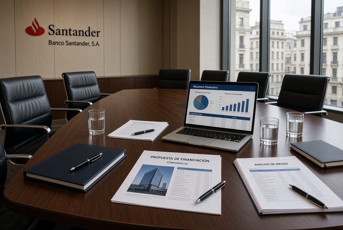 Sala de reuniones bancaria con documentos de financiación
